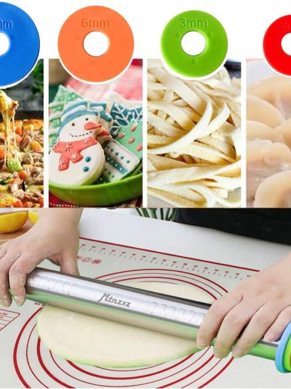 Rolling Pin and Silicone Baking Pastry Mat Set, Stainless Steel Dough Roller, Ro - Picture 5 of 8